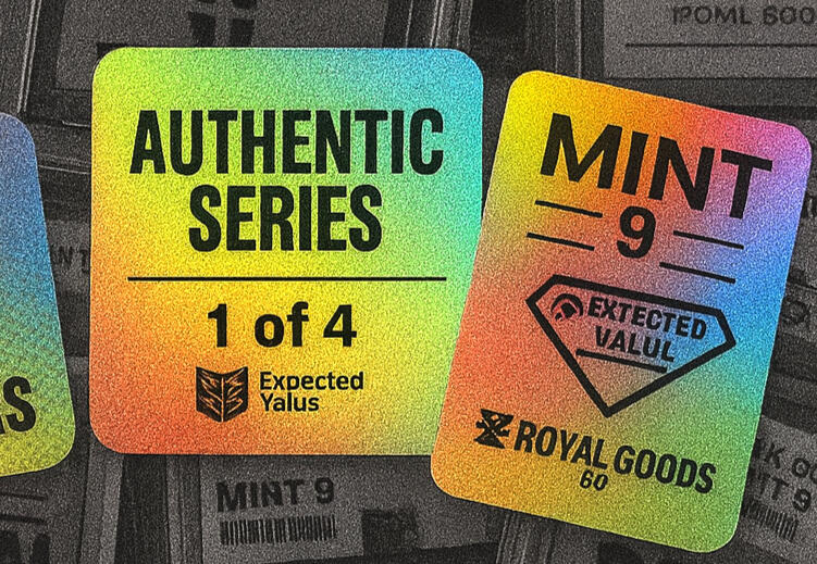 Holographic custom trading card stickers by BIG DAWGS featuring custom designs, available in premium vinyl with kiss cut and die cut options.